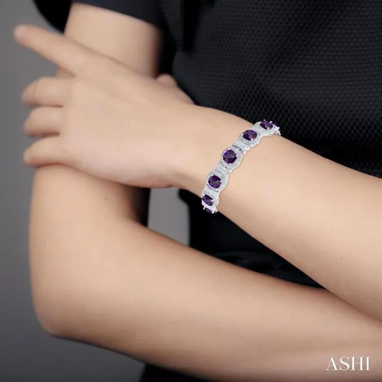 1/10 ctw Cushion Cut 7X7MM Amethyst and Round Cut Diamond Semi Precious Bracelet in Sterling Silver