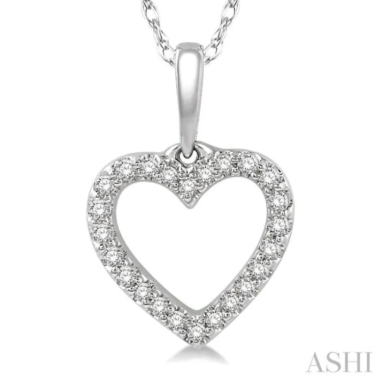 1/10 Ctw Hollow Cut Heart Charm Round Cut Diamond Pendant in 10K White Gold with chain