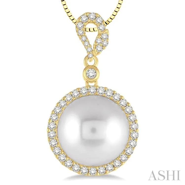 12x12 MM White Cultured Pearl and 3/8 Ctw Round Cut Diamond Pendant in 14K Yellow Gold with chain