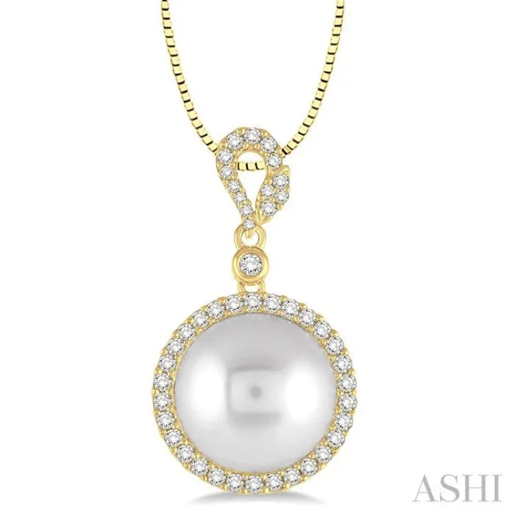 12x12 MM White Cultured Pearl and 3/8 Ctw Round Cut Diamond Pendant in 14K Yellow Gold with chain