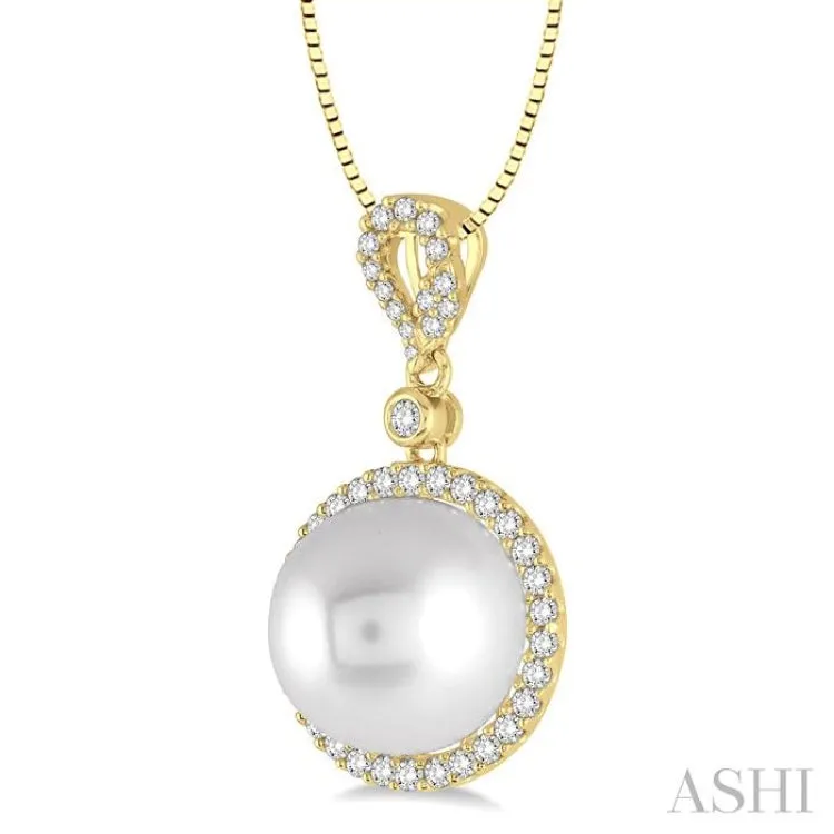 12x12 MM White Cultured Pearl and 3/8 Ctw Round Cut Diamond Pendant in 14K Yellow Gold with chain