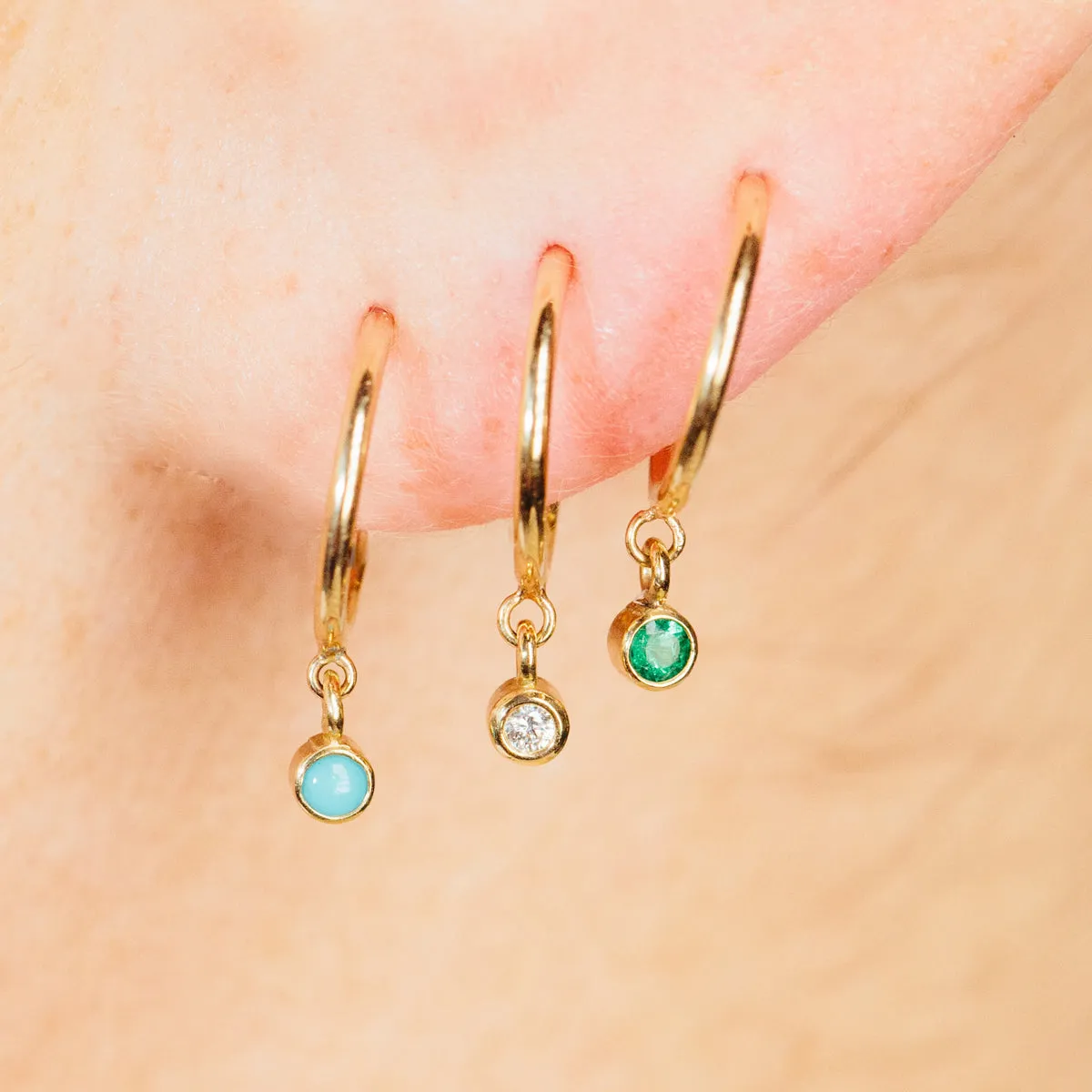 14k Dangling Turquoise Huggie Hoops | December Birthstone