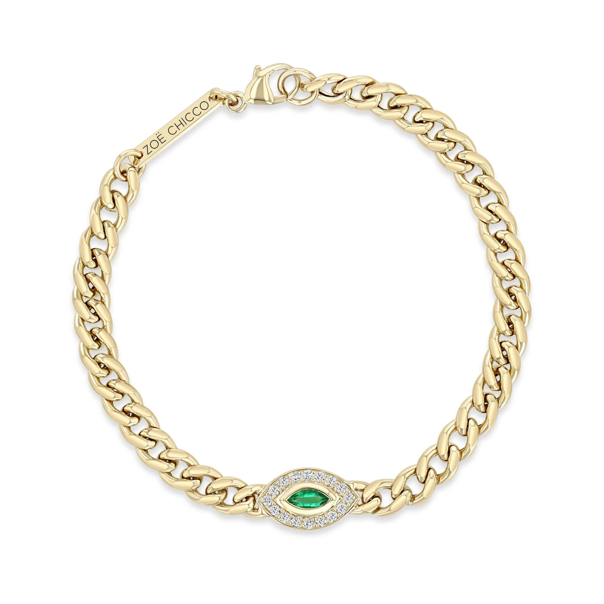 14k Medium Curb Chain Marquise Emerald Halo Bracelet