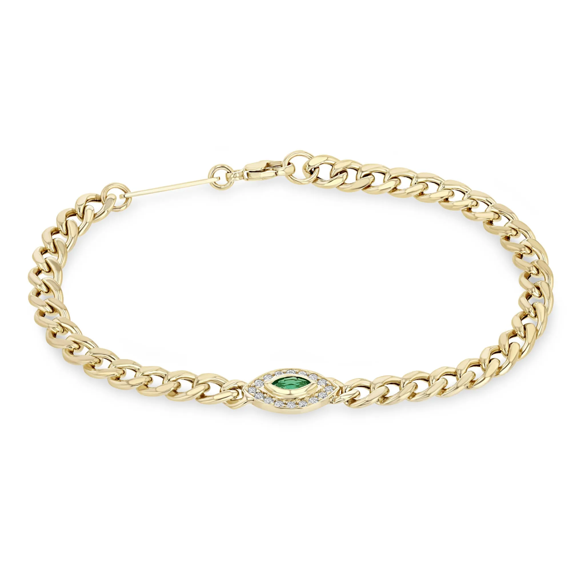 14k Medium Curb Chain Marquise Emerald Halo Bracelet