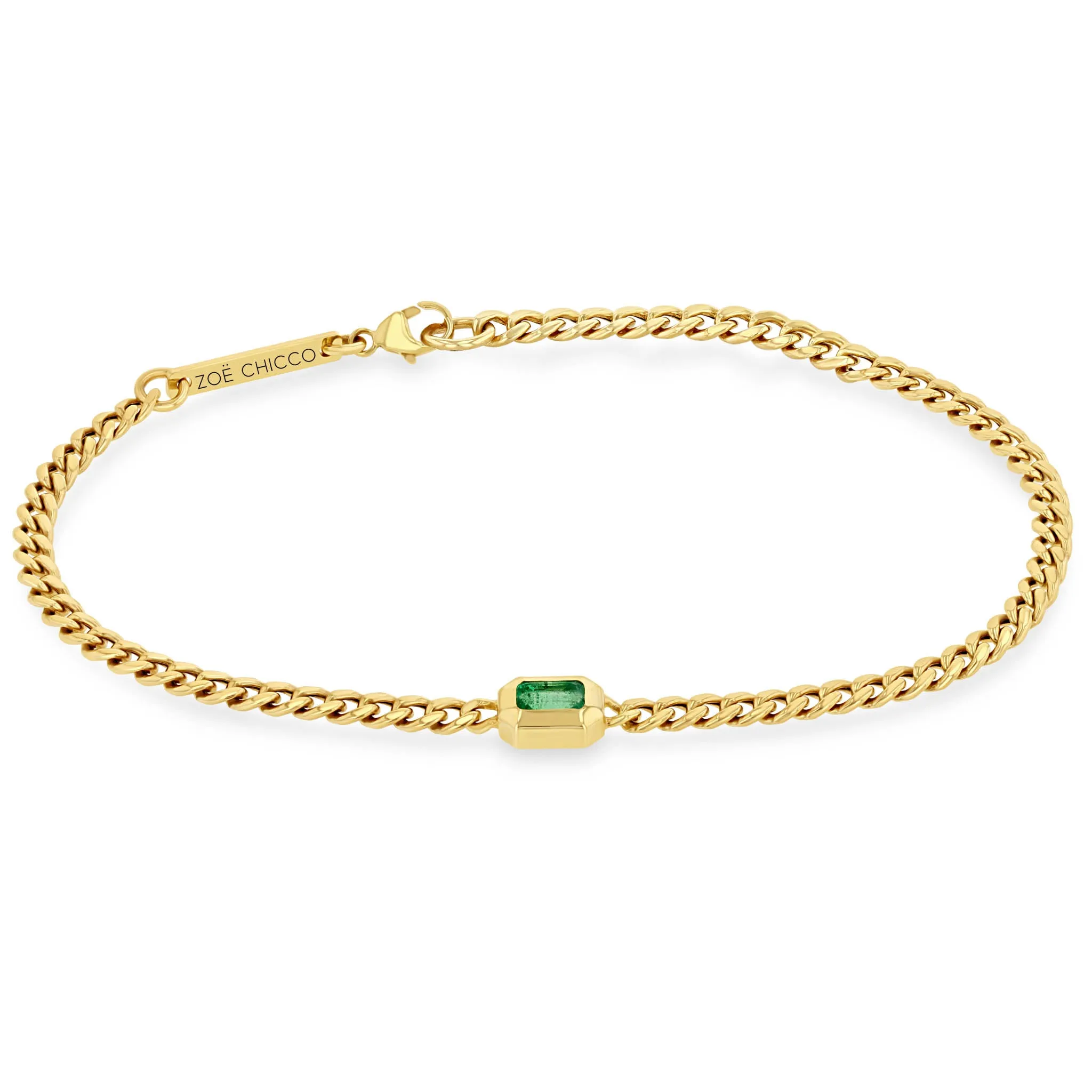 14k Small Curb Chain Emerald Cut Emerald Bezel Bracelet