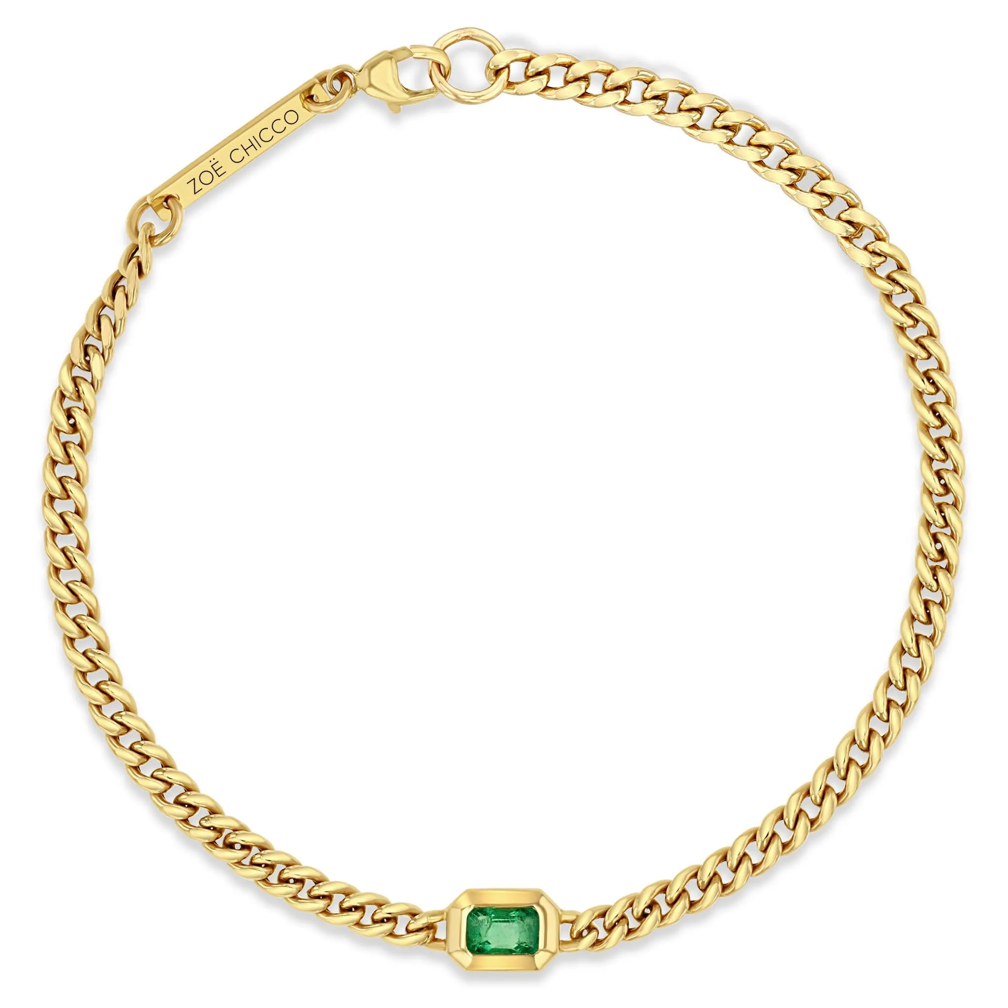 14k Small Curb Chain Emerald Cut Emerald Bezel Bracelet