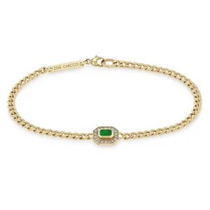 14k Small Curb Chain Emerald Cut Emerald Halo Bracelet