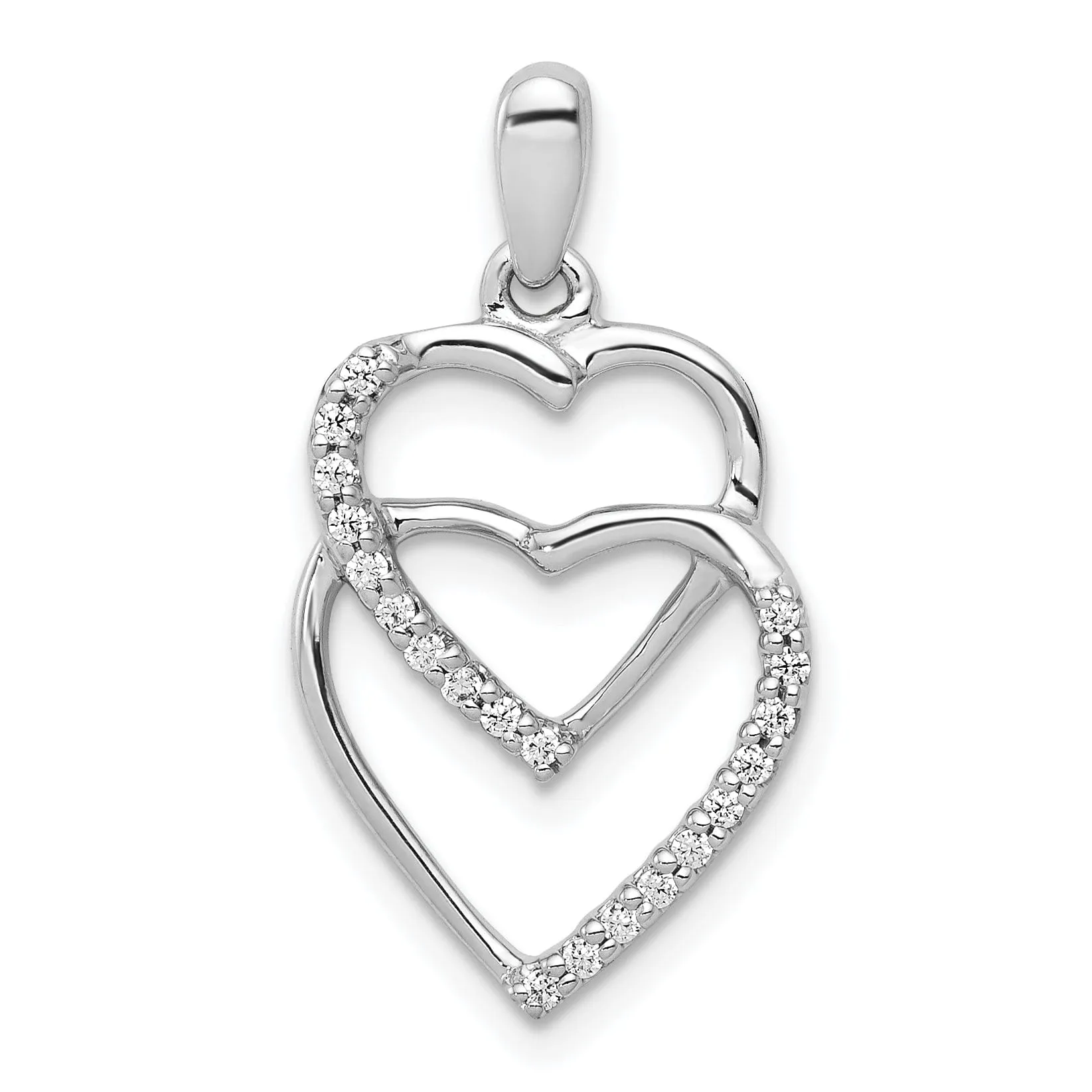 14k White Gold  Polished Finish Closed Back 0.1-CT Diamond Two Entwined Hearts Design Charm Pendant