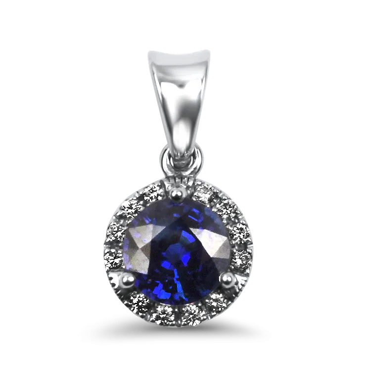 14k White Gold Sapphire and Diamond Halo Pendant