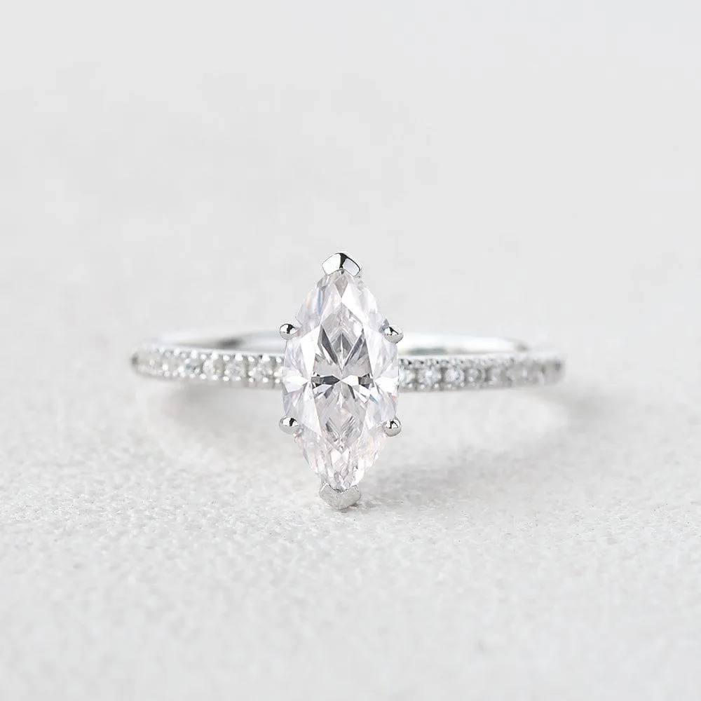 1.5ct Marquise Moissanite Pave Classic Solitaire Engagement Ring