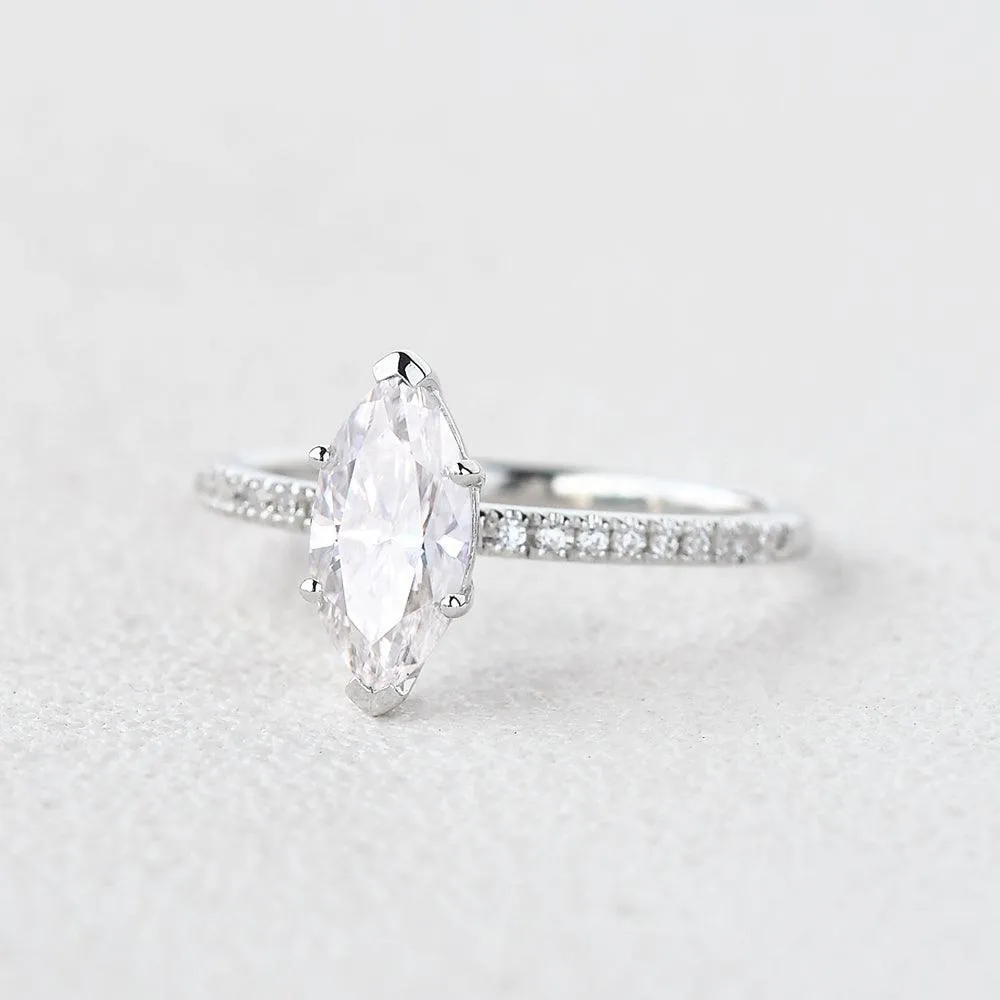 1.5ct Marquise Moissanite Pave Classic Solitaire Engagement Ring