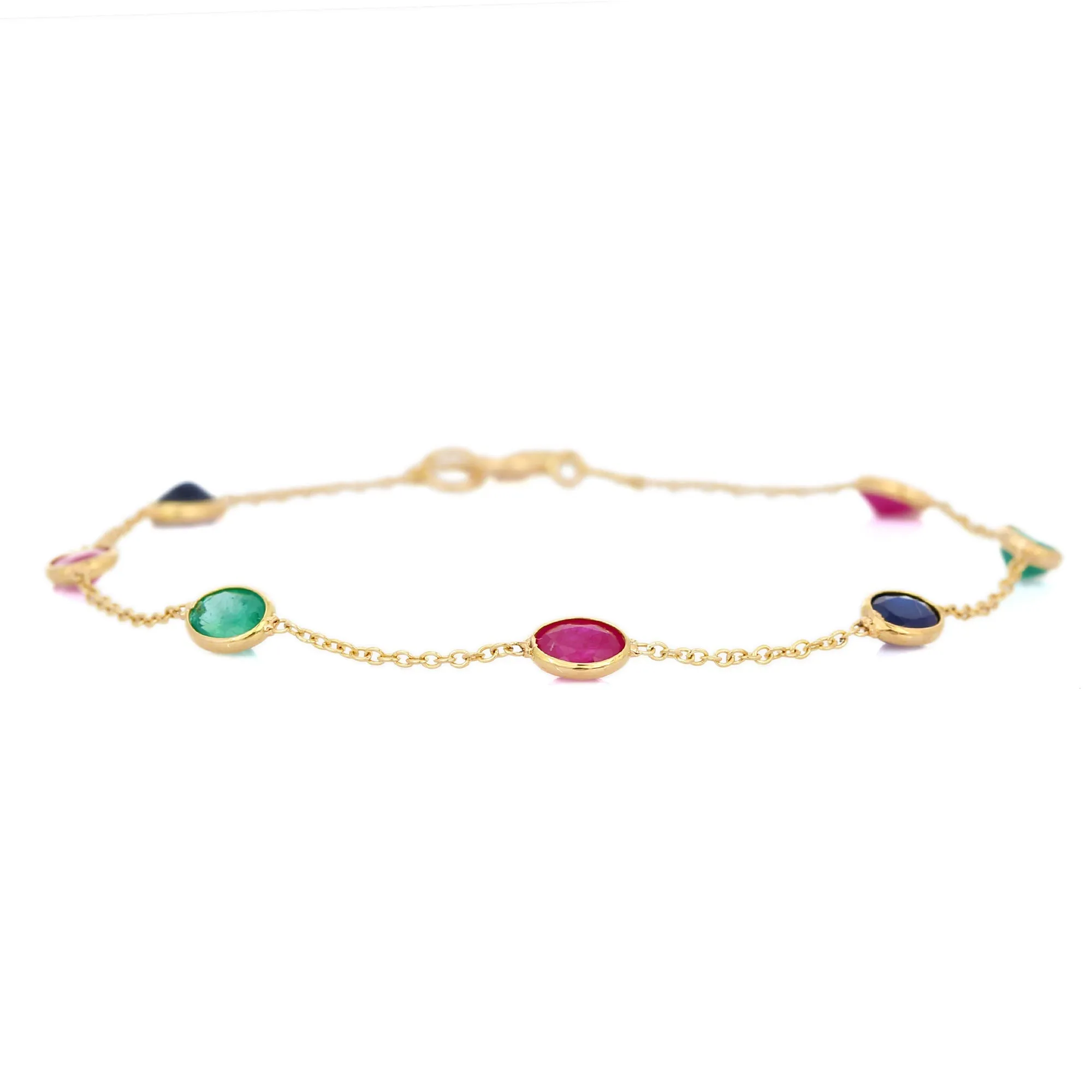 18K Ruby Emerald and Blue Sapphire Gemstone Bracelet