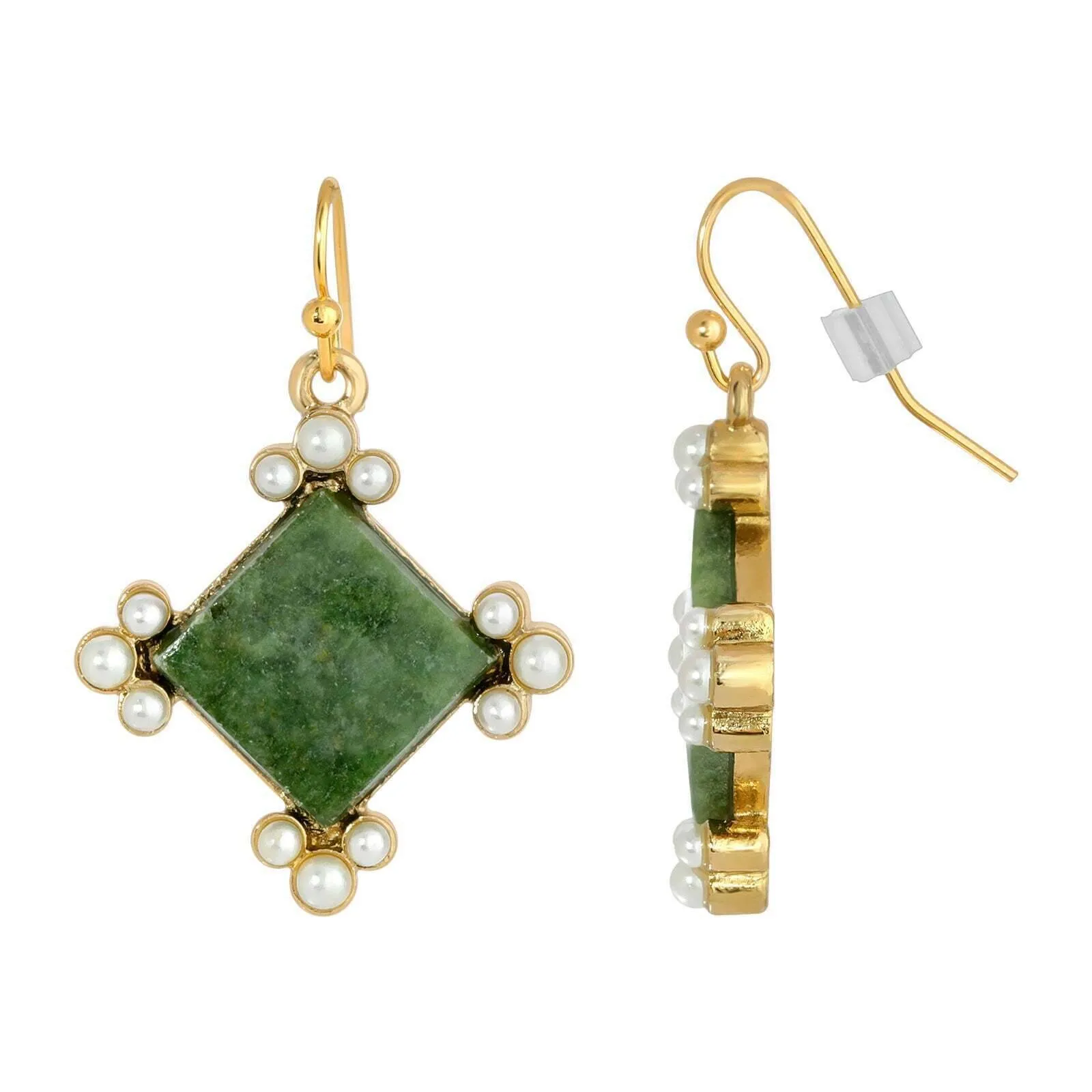 1928 Jewelry Gemstone Green Aventurine Faux Pearl Accent Drop Earrings