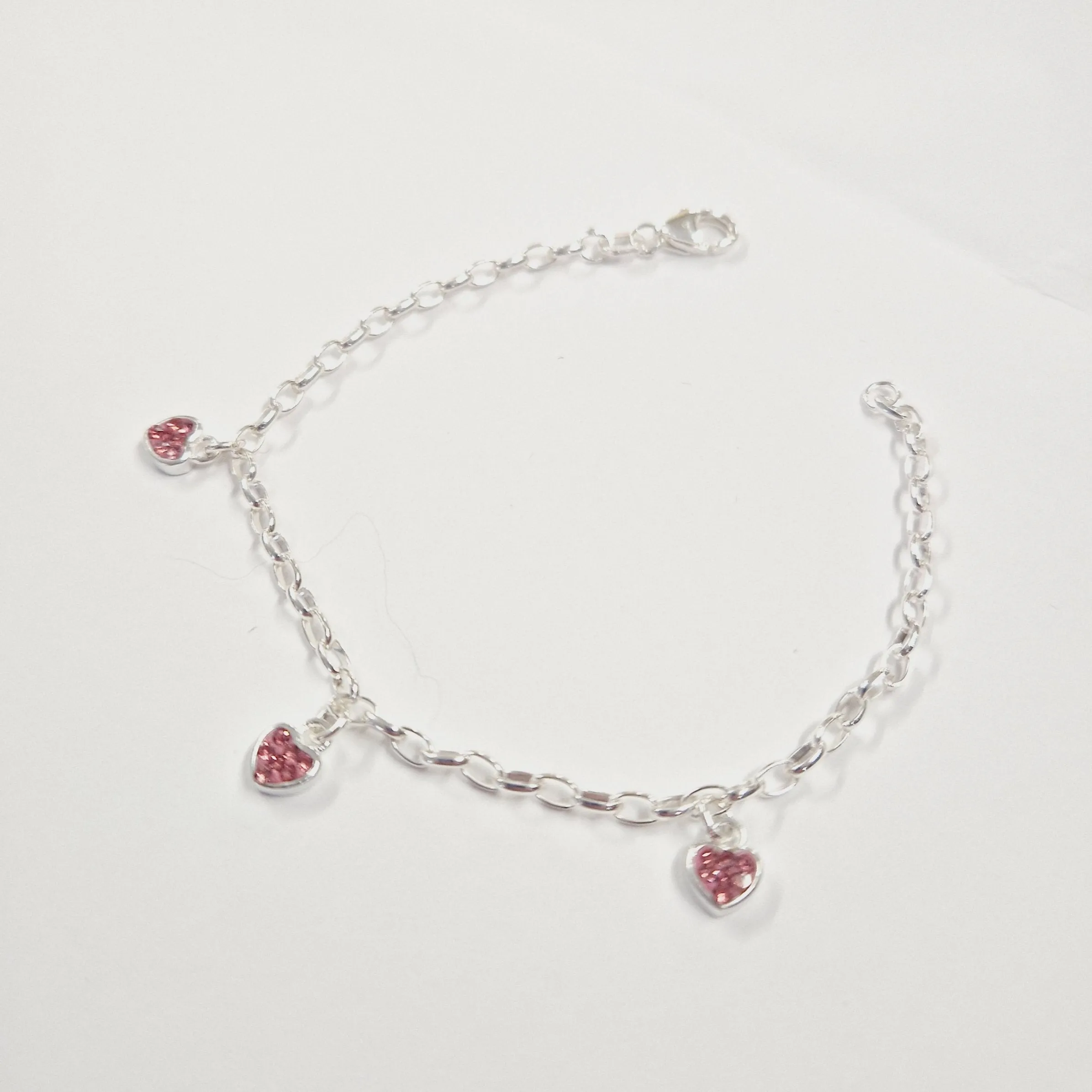 3 Pink Hearts Sterling Silver Charm Bracelet