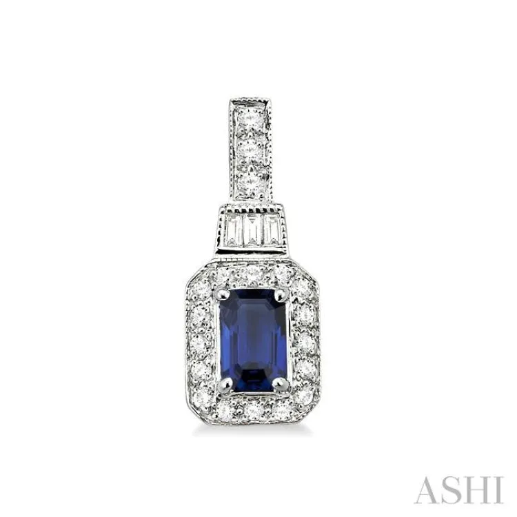 5x3 MM Octagon Cut Sapphire and 1/4 Ctw Round and Baguette Cut Diamond Earrings in 14K White Gold