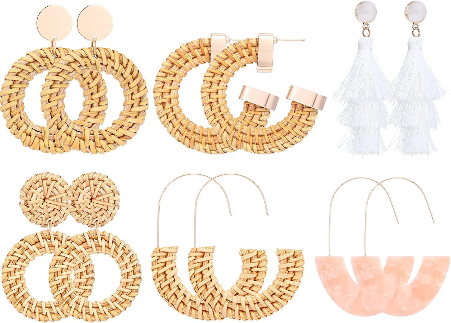 6 Pairs Rattan Earrings Straw Earrings Tassel Woven Bohemian Earring Handmade Wicker Braid Hoop Drop Earring For Women Girls