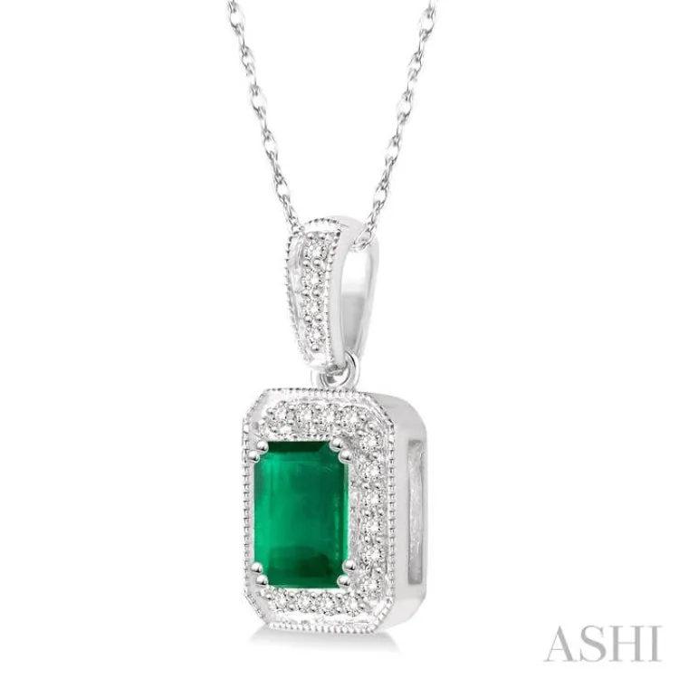 6x4 mm Emerald Cut Emerald and 1/5 Ctw Round Cut Diamond Pendant in 14K White Gold with Chain