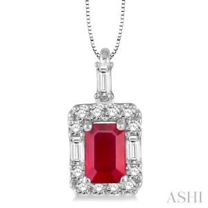 6x4 MM Octagon Cut Ruby and 1/3 Ctw Round Cut Diamond Precious Pendant in 14K White Gold with Chain