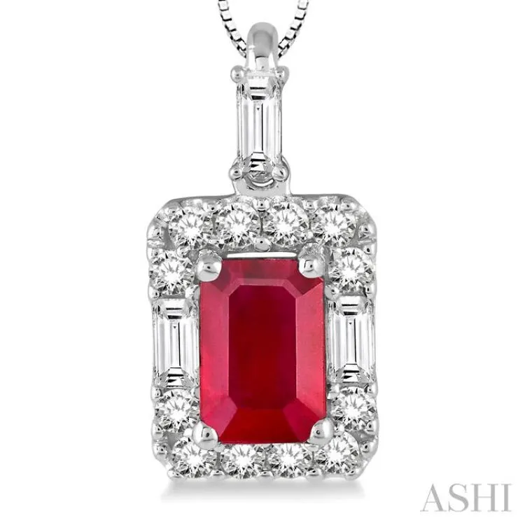 6x4 MM Octagon Cut Ruby and 1/3 Ctw Round Cut Diamond Precious Pendant in 14K White Gold with Chain