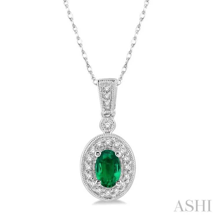 6x4 MM Oval Cut Emerald and 1/8 Ctw Round Cut Diamond Pendant in 14K White Gold with Chain