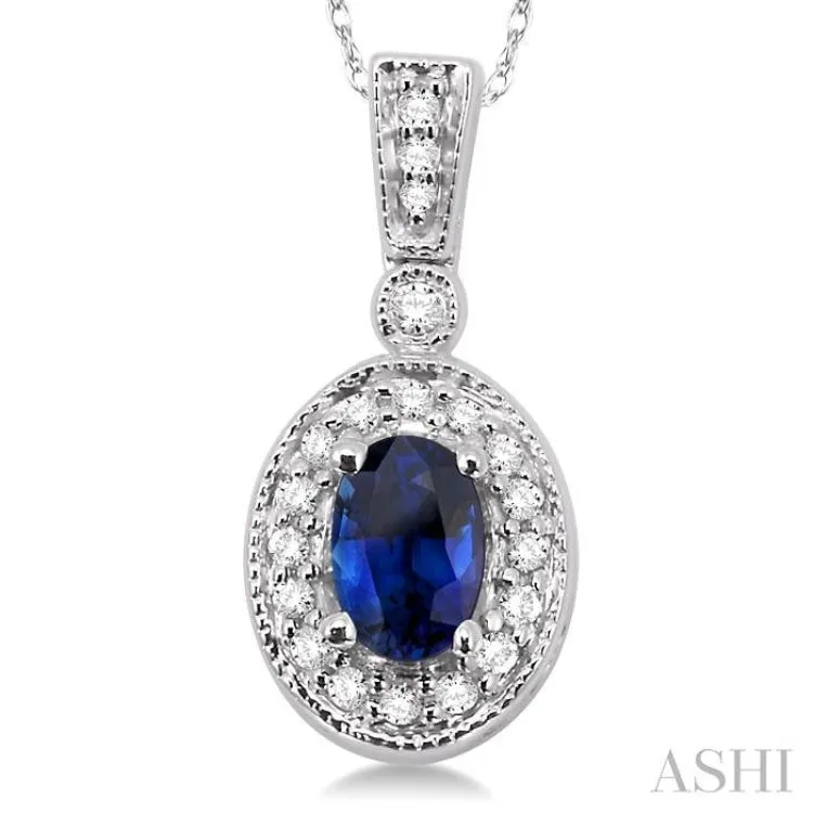 6x4mm Oval Cut Sapphire and 1/8 Ctw Round Cut Diamond Pendant in 14K White Gold with Chain