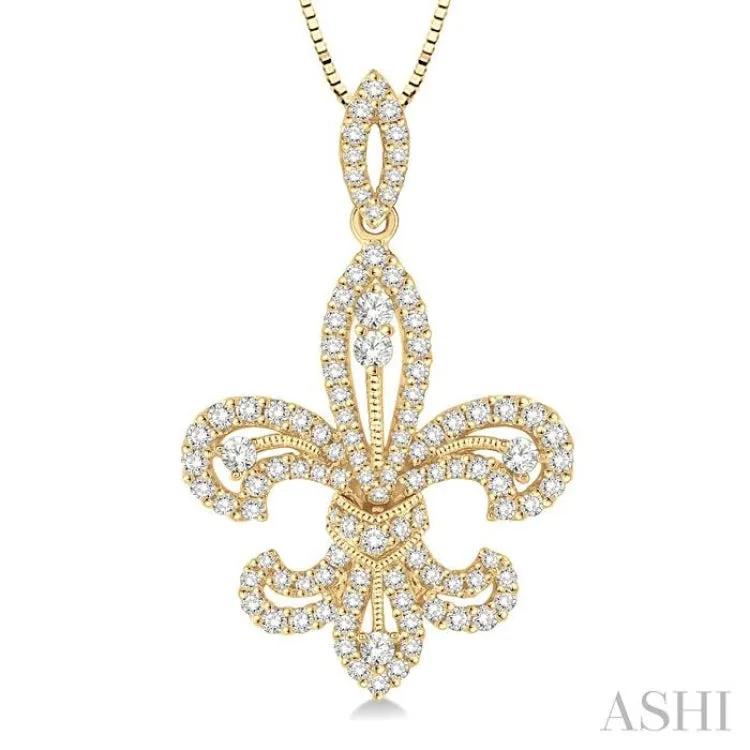 7/8 Ctw Round Cut Diamond Fleur De Lis Diamond Pendant in 14K Yellow Gold with Chain