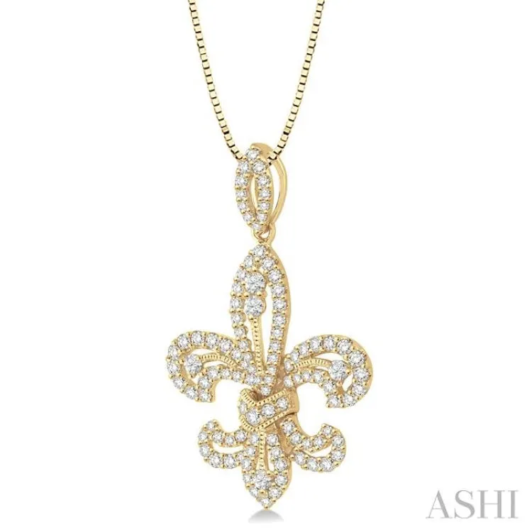 7/8 Ctw Round Cut Diamond Fleur De Lis Diamond Pendant in 14K Yellow Gold with Chain