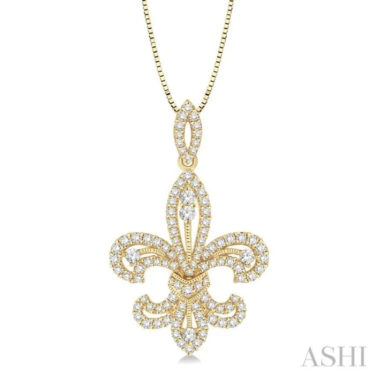 7/8 Ctw Round Cut Diamond Fleur De Lis Diamond Pendant in 14K Yellow Gold with Chain