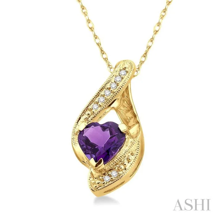 7mm Heart Shape Amethyst and 1/20 Ctw Single Cut Diamond Pendant in 14K Yellow Gold with Chain