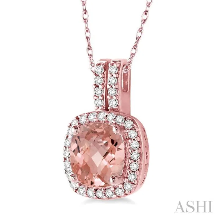 7x7 mm Cushion Cut Morganite and 1/5 Ctw Round Cut Diamond Pendant in 14K Rose Gold with Chain