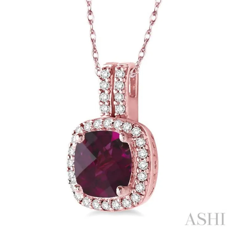 7x7 mm Cushion Cut Rhodolite Garnet and 1/5 Ctw Round Cut Diamond Pendant in 14K Rose Gold with Chain