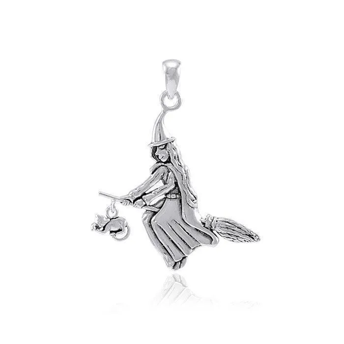 A bewitching moonlight ride ~ Witch on Broomstick Sterling Silver Pendant TPD088