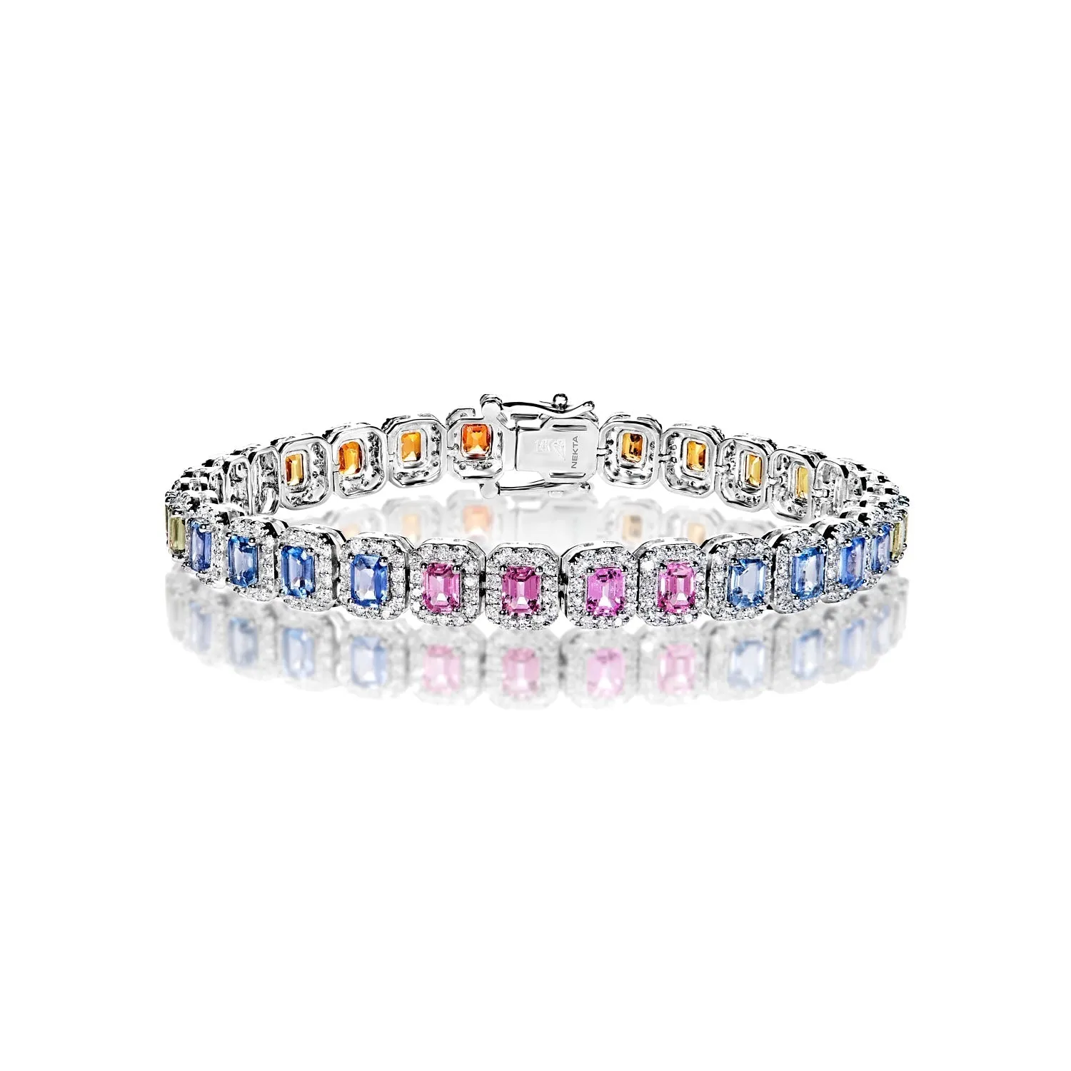 Alejandra 13 Carats Multi-Color Emerald Cut Single Row Diamond Tennis Bracelet in 14k White Gold