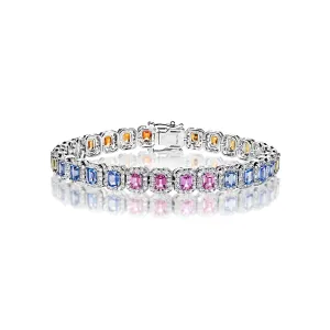 Alejandra 13 Carats Multi-Color Emerald Cut Single Row Diamond Tennis Bracelet in 14k White Gold