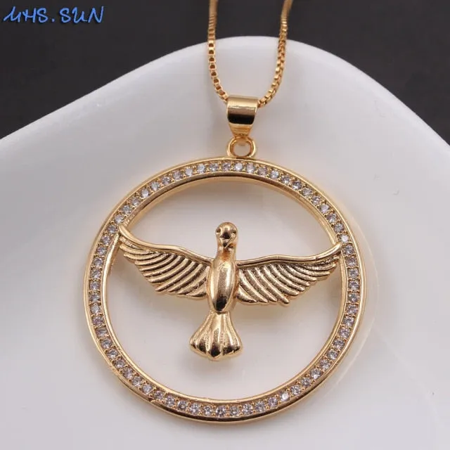 Angel Love Dove Round CZ Medallion Pendant Necklace