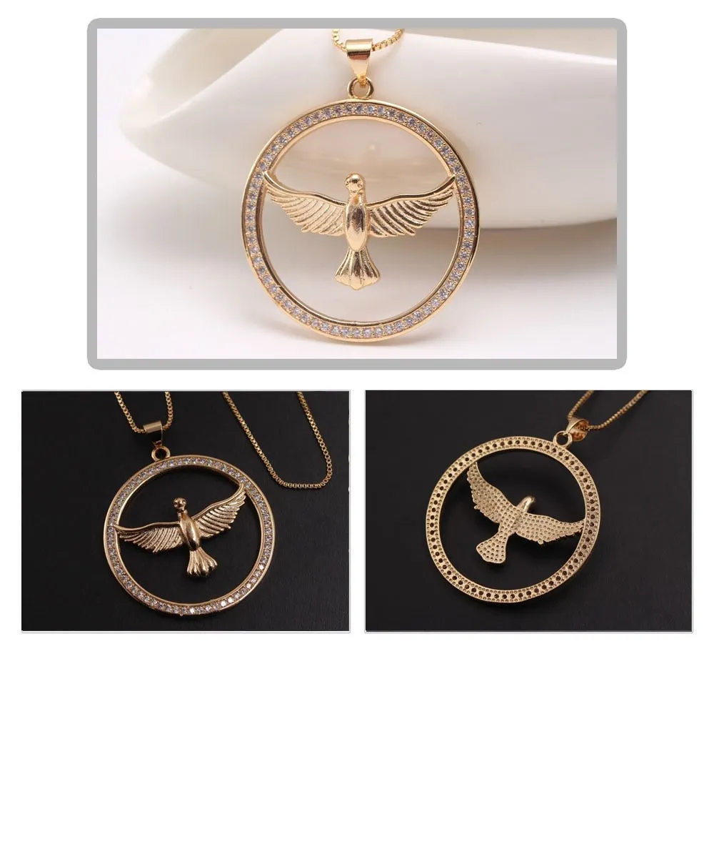 Angel Love Dove Round CZ Medallion Pendant Necklace