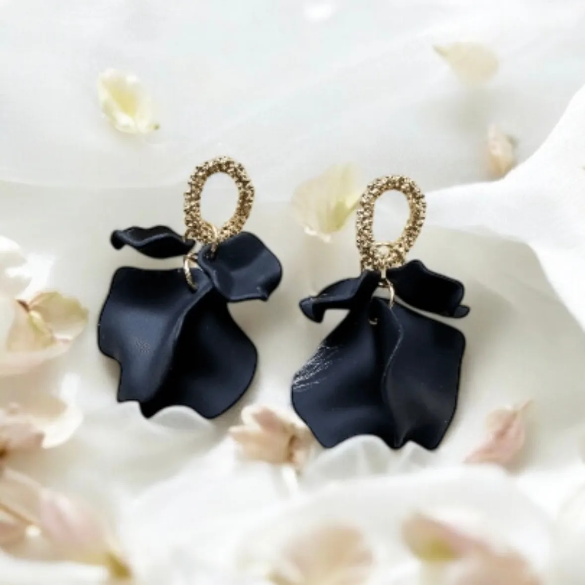 Black - flowers earrings | frosted petals hoop earrings | statement earrings | golden wooden branches floral bridal earrings