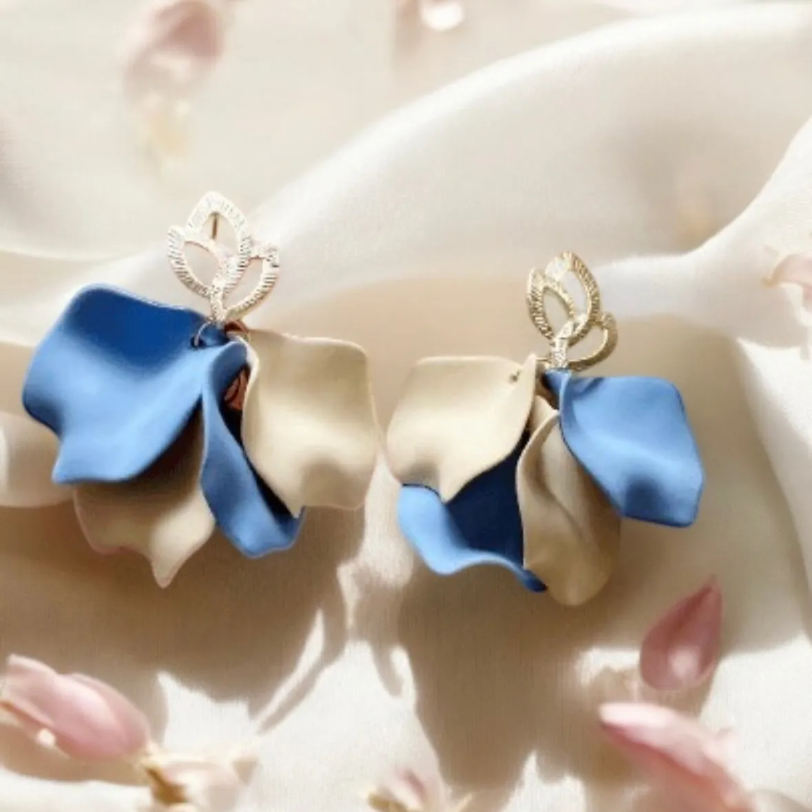 Blue -  cream flower earrings | dangle petals baroque earrings | unique golden geometric floral earrings | bridal party wedding earrings