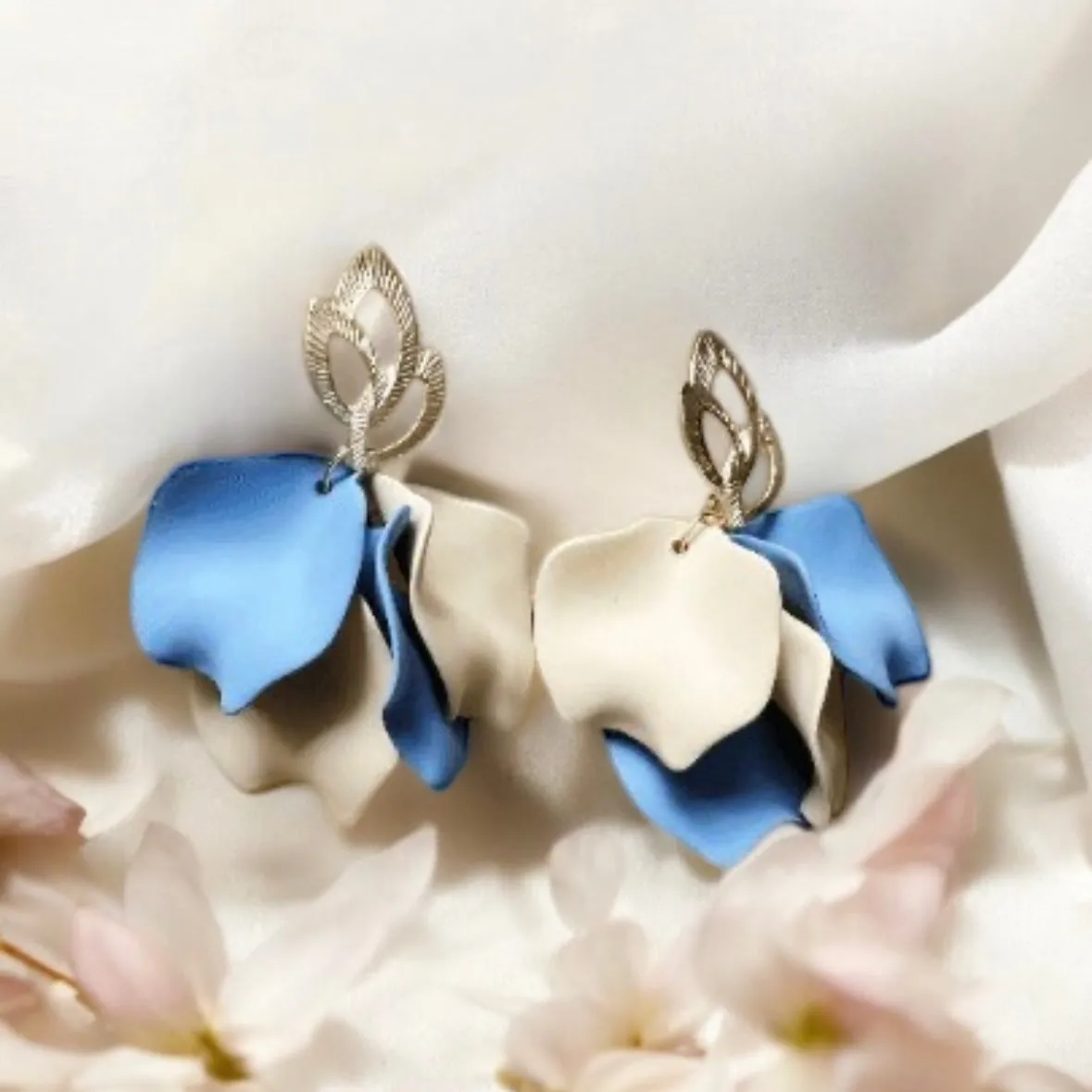 Blue -  cream flower earrings | dangle petals baroque earrings | unique golden geometric floral earrings | bridal party wedding earrings