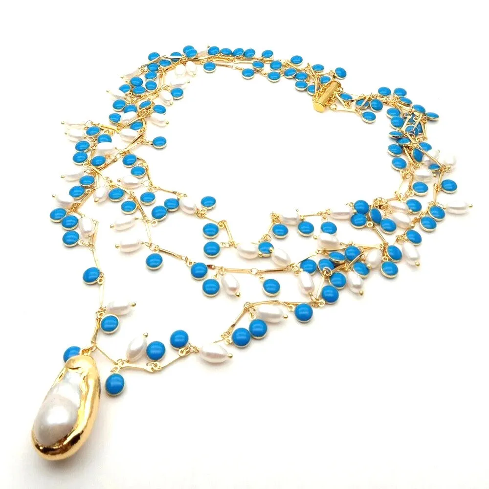 Blue Enamel & Pearl Pendant Gold Statement Necklace