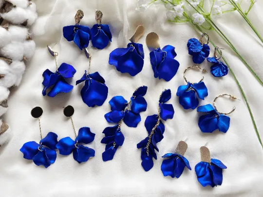 Blue - Royal blue iridescent flower earrings | rose petals statement earrings | unique golden bar floral earrings | bridal party wedding earrings