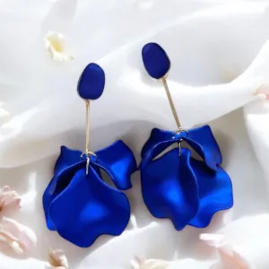 Blue - Royal blue iridescent flower earrings | rose petals statement earrings | unique golden bar floral earrings | bridal party wedding earrings