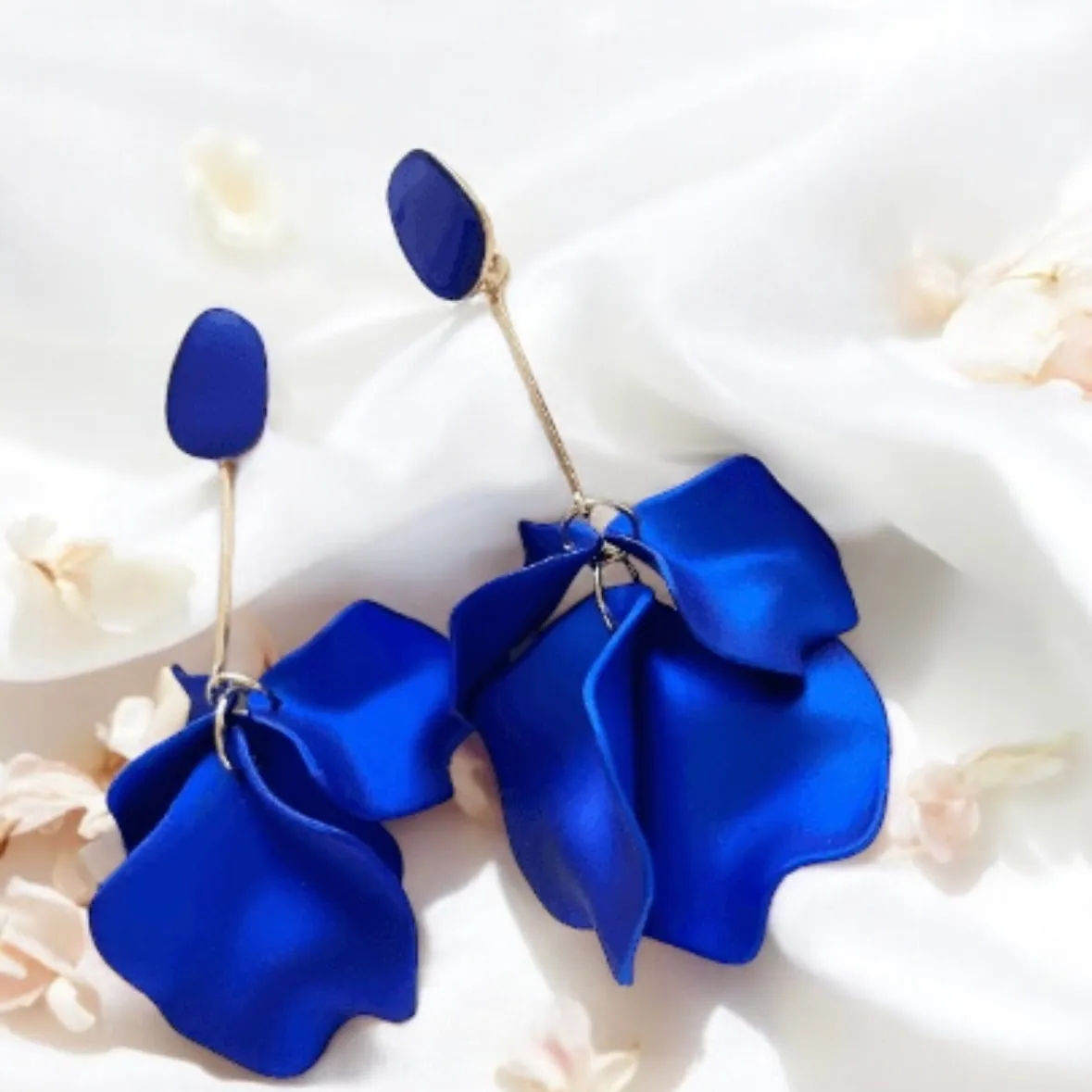 Blue - Royal blue iridescent flower earrings | rose petals statement earrings | unique golden bar floral earrings | bridal party wedding earrings