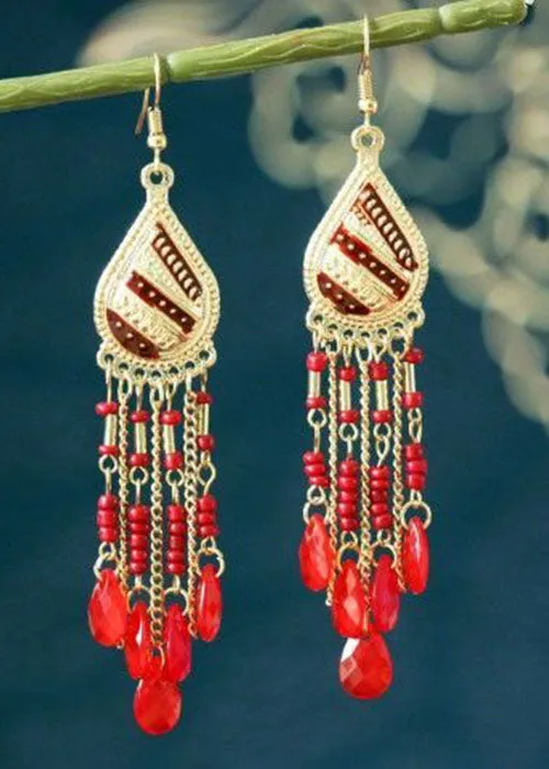 Bohemian Droplet Shape Crystal Tassel Metal Vacation Drop Earrings HE1007