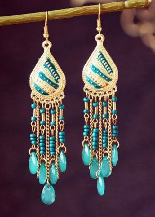 Bohemian Droplet Shape Crystal Tassel Metal Vacation Drop Earrings HE1007