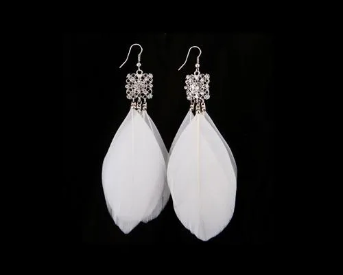 Bohemian Feather White Crystal Earrings