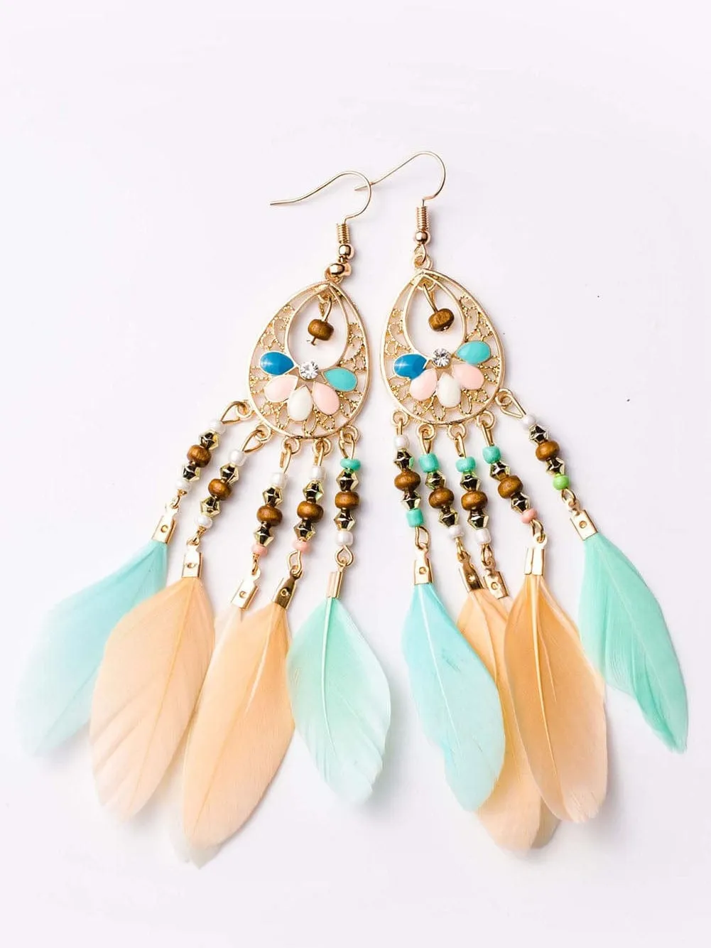 Bohemian Waterdrop Feather Tassel Earrings with Fringe Accents