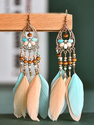 Bohemian Waterdrop Feather Tassel Earrings with Fringe Accents