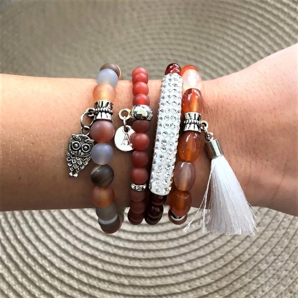 Carnelian and Crystal Bar Beaded Bracelet