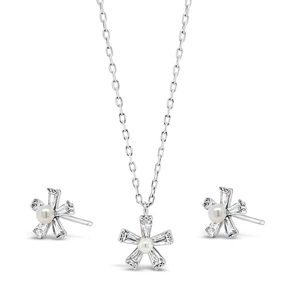 Children's Pearl Flower Pendant & Earrings Sterling Silver Set